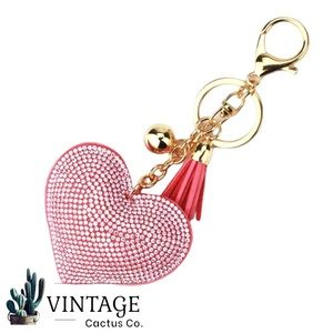 New! Super Cute Rhinestone Heart Shaped Bag Charm/Keychain! Pink w/Gold Hardware